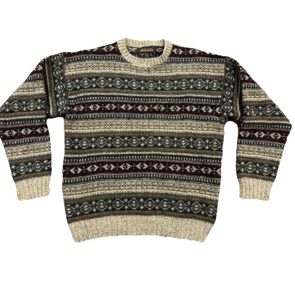 VTG Woolrich Nordic Fair Isle Pattern Knitted Sweater Brown Green Red Wool Sz M